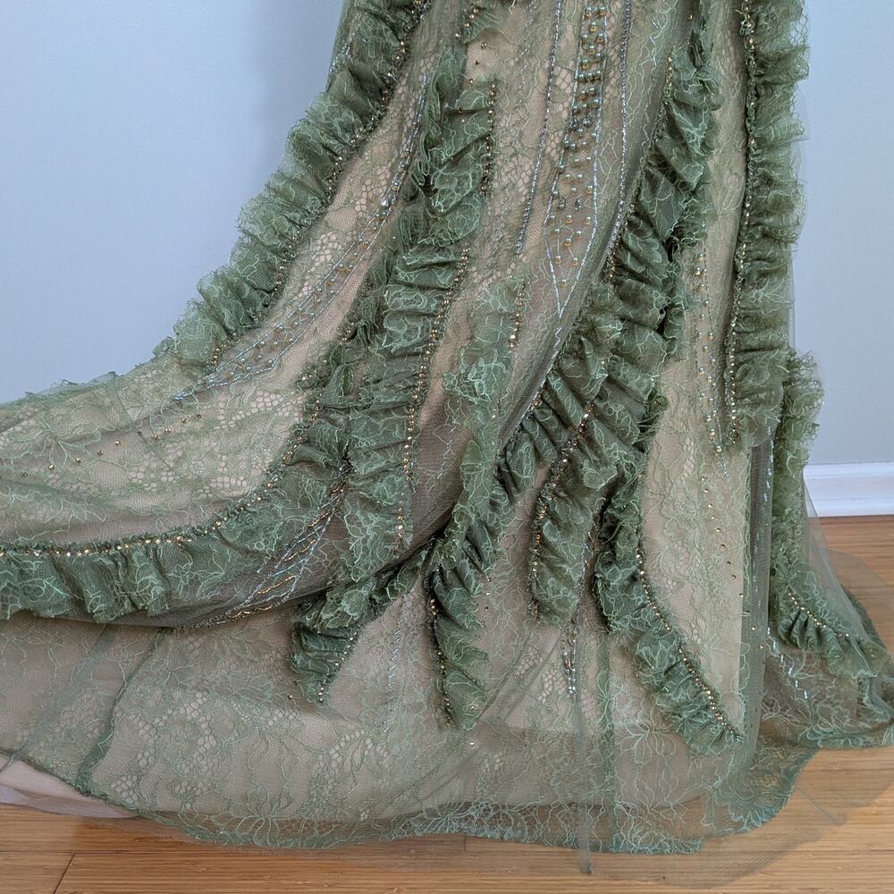 Vintage Terani Prom Dress Maxi Gown 4 Green Ruffle Fairy Princess Sleeve Evening - Picture 10 of 16